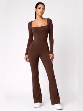 Qinsen Brown Long Sleeve Jumpsuit Square Neck Wide Leg Stretch One Piece Size L
